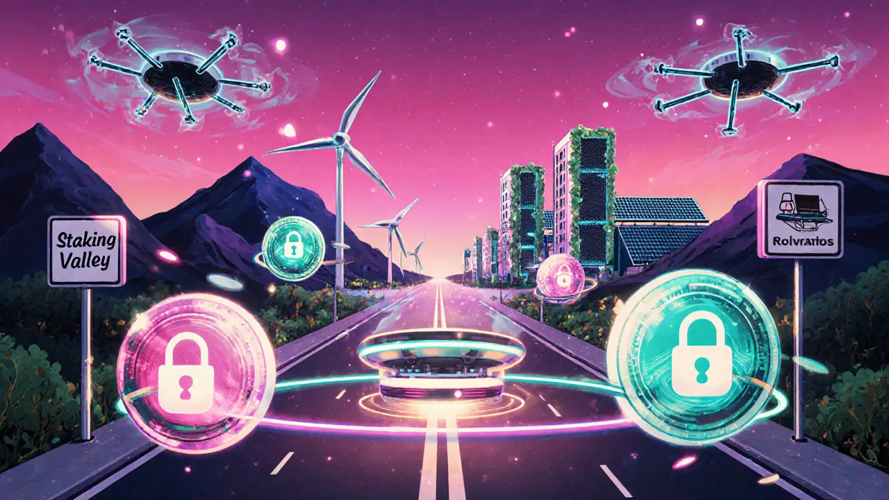 Future city with floating validator pods and solar‑powered mining complex side by side.