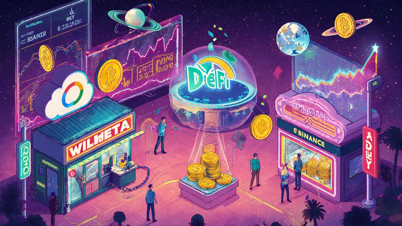 Futuristic market with WTHETA used in DeFi stalls and partner logos floating above.