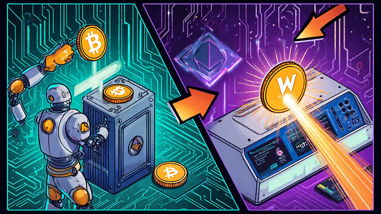 Retro‑futuristic robot locks THETA and mints WTHETA on a parallel terminal.