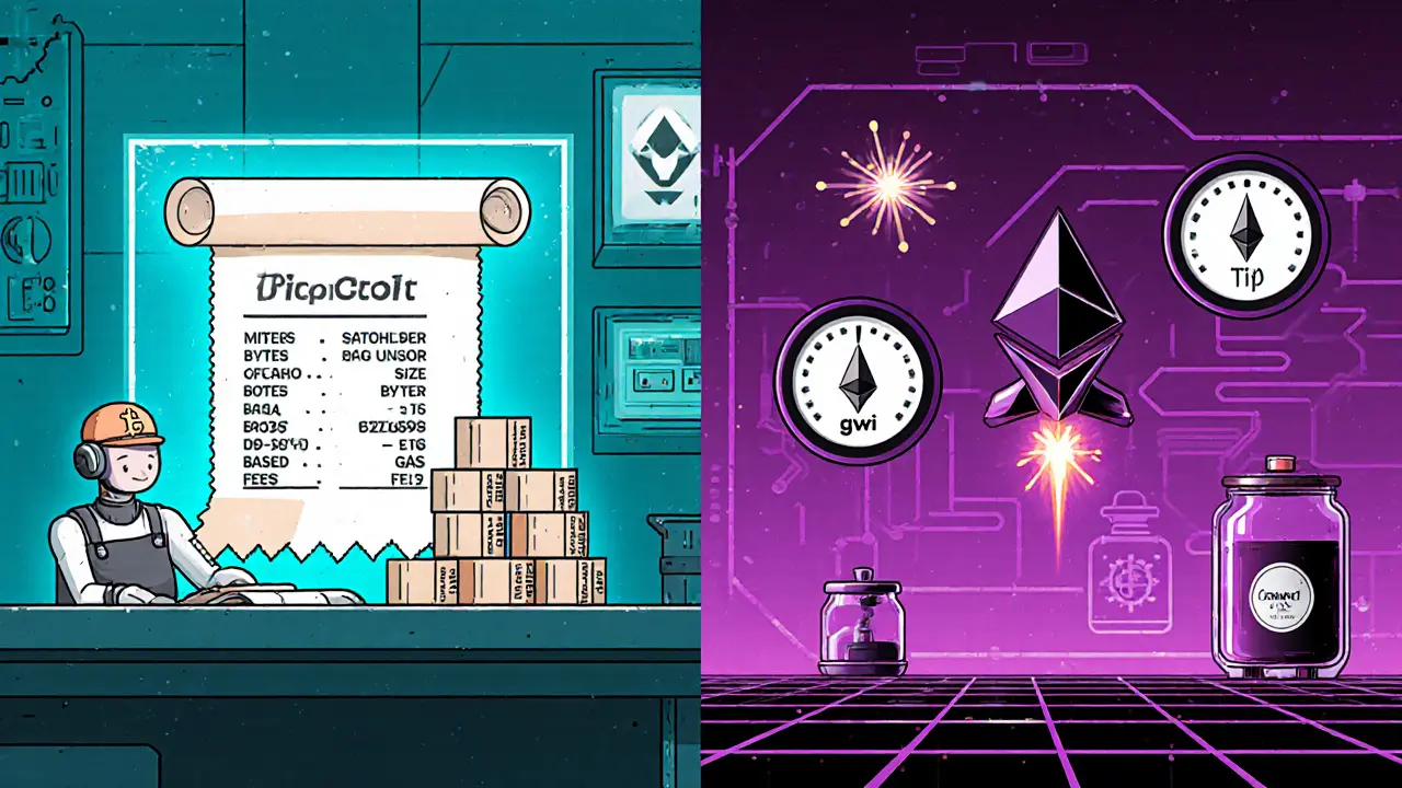 Cartoon panels comparing Bitcoin transaction fee and Ethereum gas fee calculations.