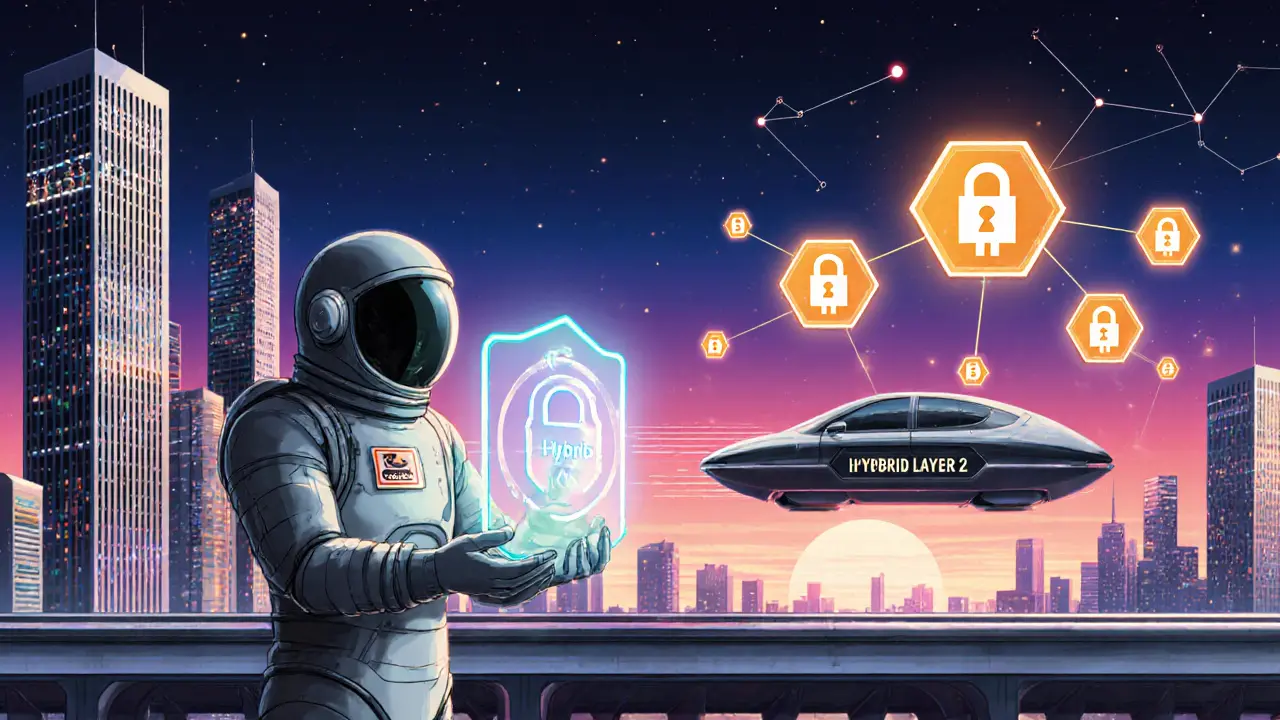 Futuristic city shows central server towers, blockchain nodes, and a user with a zero‑knowledge shield.