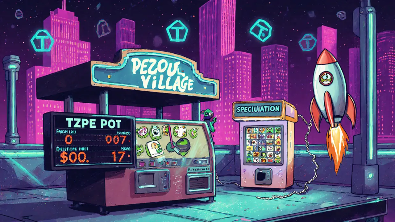 Futuristic market with a Pepe lottery machine, NFT vending booth, and tiny trade chart showing low liquidity.