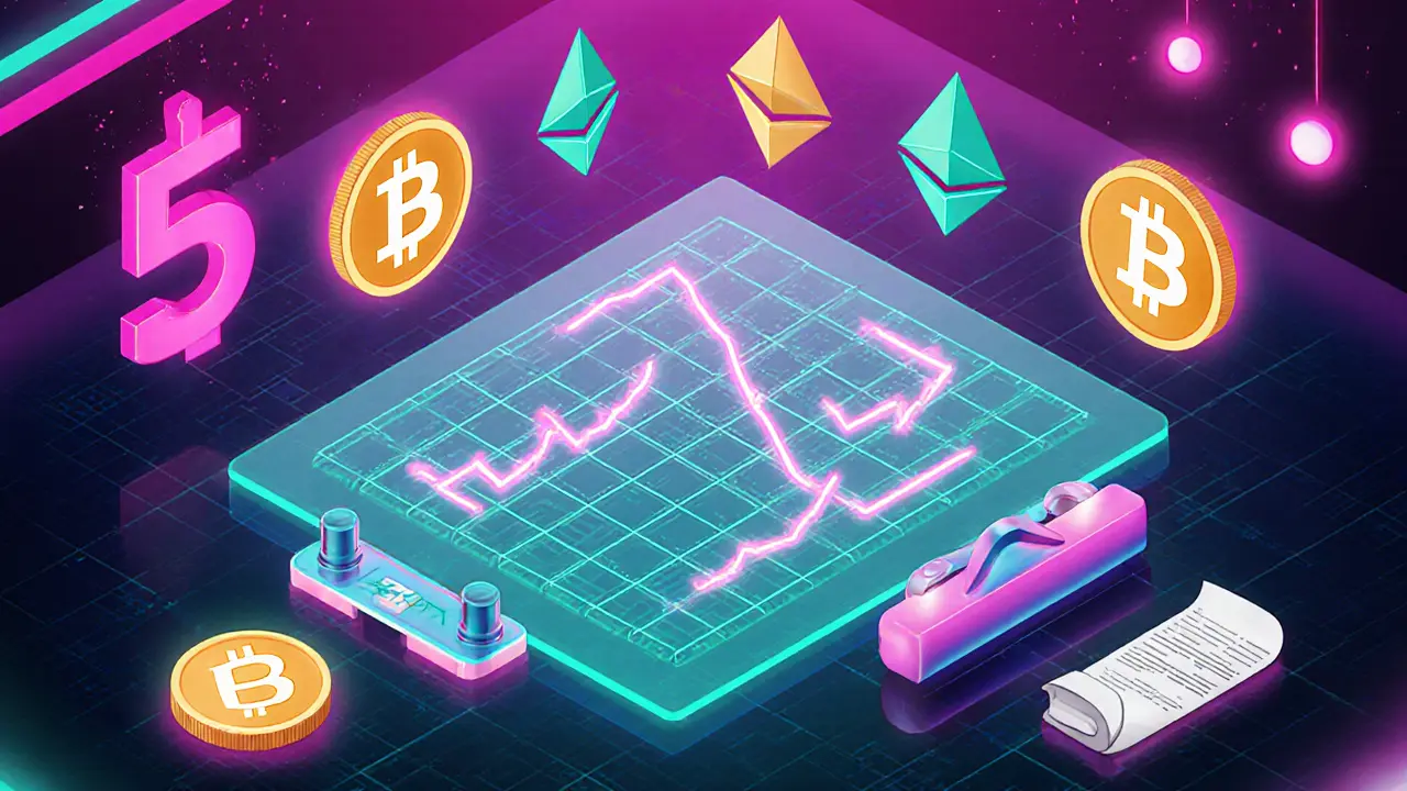 Futuristic trading floor with holographic charts, grid bot, and crypto coin icons.