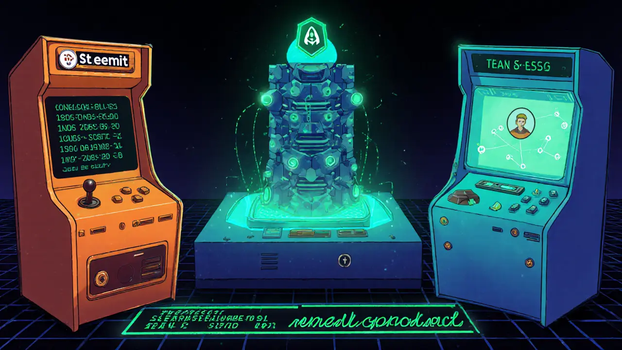 Retro consoles depict Steemit, Minds, and Lens Protocol with IPFS tower and smart‑contract script.