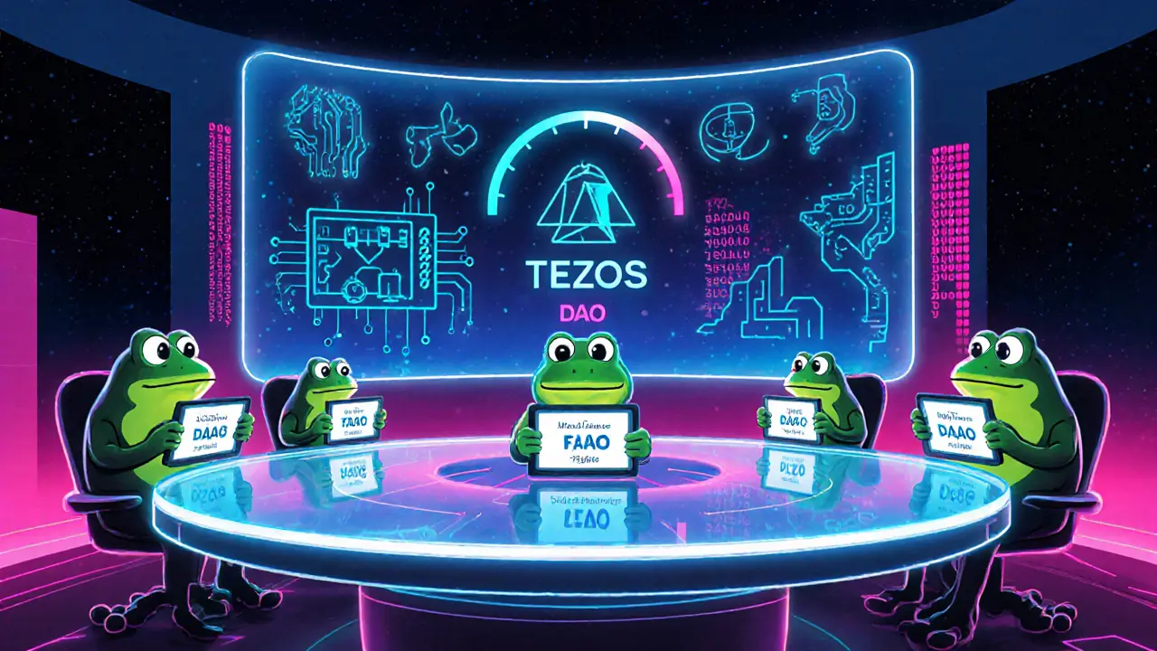 Retro‑futuristic DAO council of cartoon frogs voting on holographic FA2 token screens.