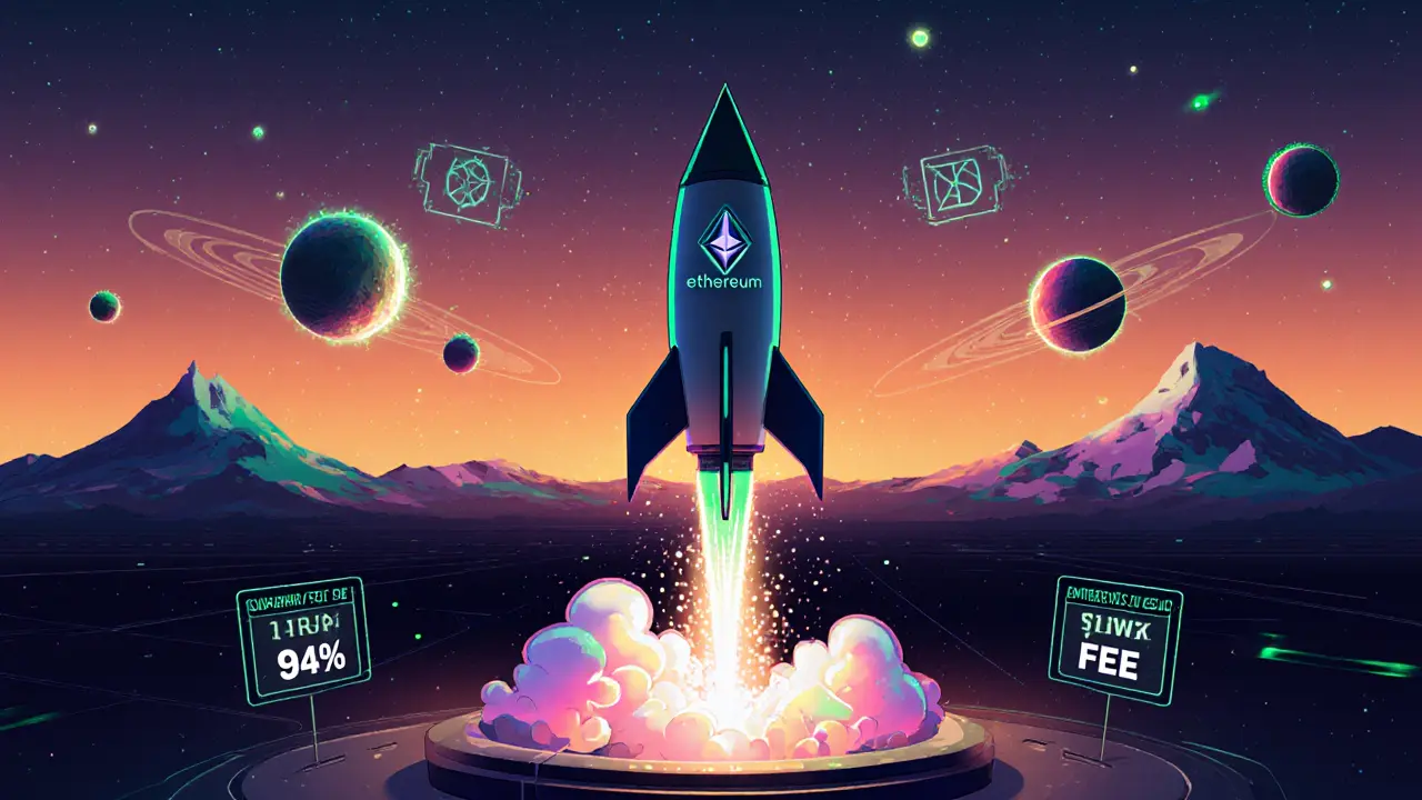 Retro‑futuristic illustration of a rocket symbolizing sharding and lower future fees.