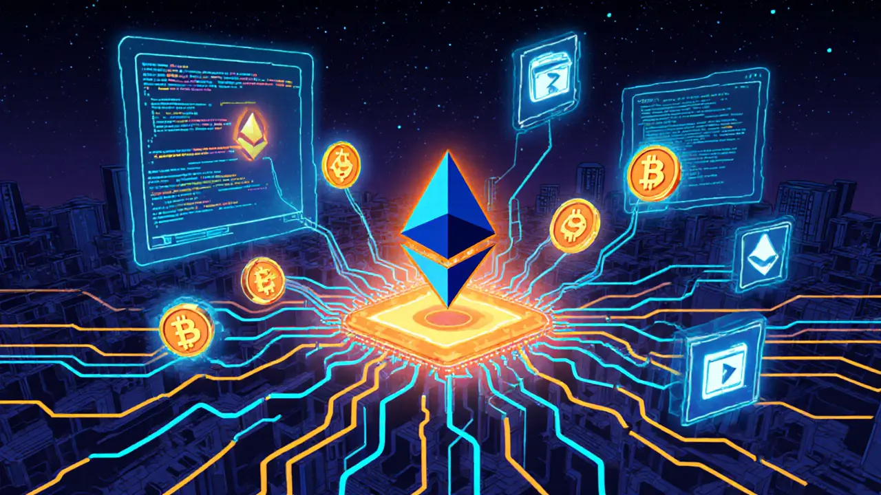 Stylized Ethereum circuit showing MTVT token flow and smart contracts.