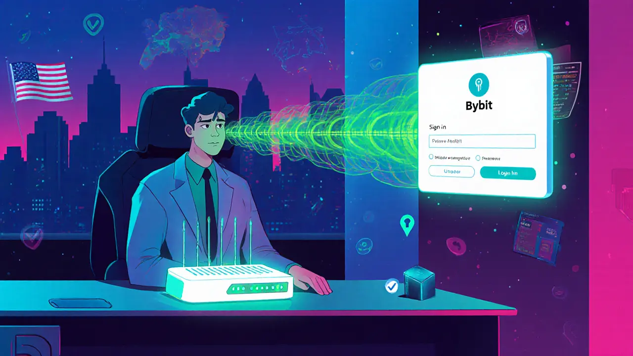 Cyber‑apartment trader using a VPN tunnel to log into Bybit, with U.S. flag fading behind.