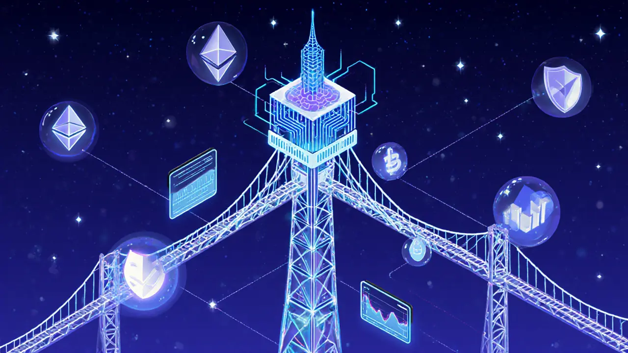 Futuristic control tower with AI brain, cross‑chain bridges, and privacy‑shield data streams.