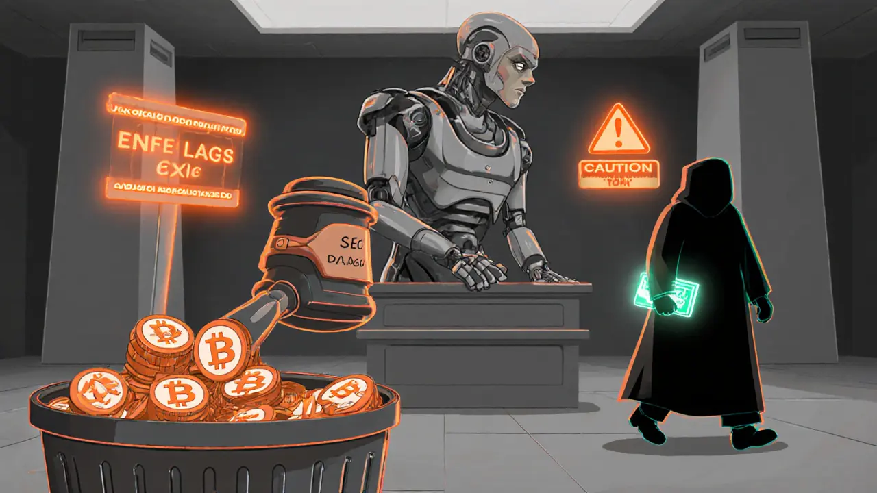 Futuristic courtroom showing SEC robot judge and trash bin of red‑flagged tokens.