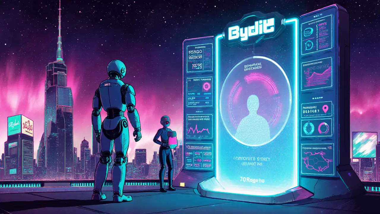 Futuristic security center with AI guard analyzing device fingerprints and VPN data for Bybit.