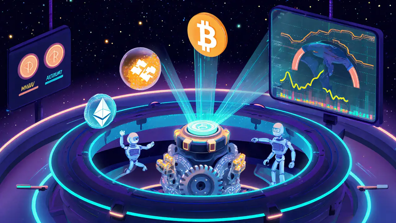 Holographic workflow showing API data pull, processing bots, and colorful visualizations.