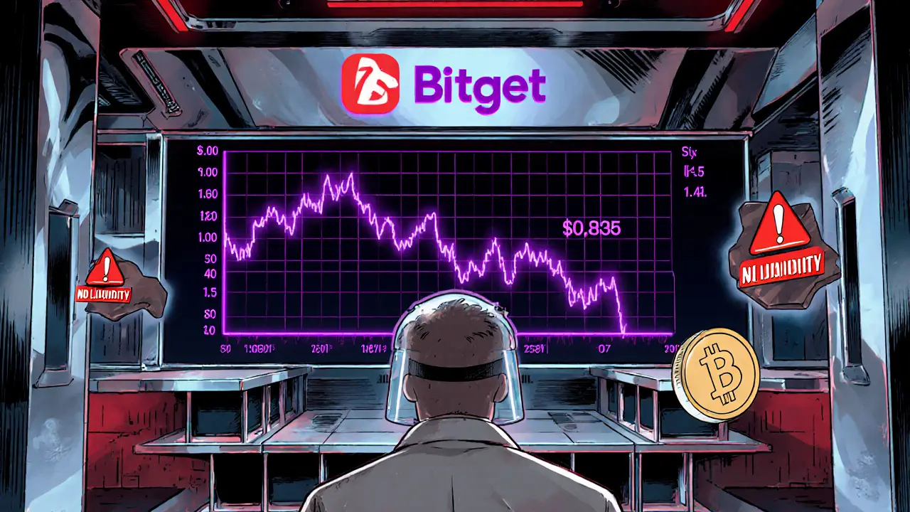 Trader watches a crashing price chart and empty order‑book warnings in a crypto exchange.