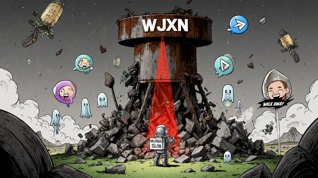 Crumbling WJXN tower with empty chat bubbles and a warning sign to walk away.