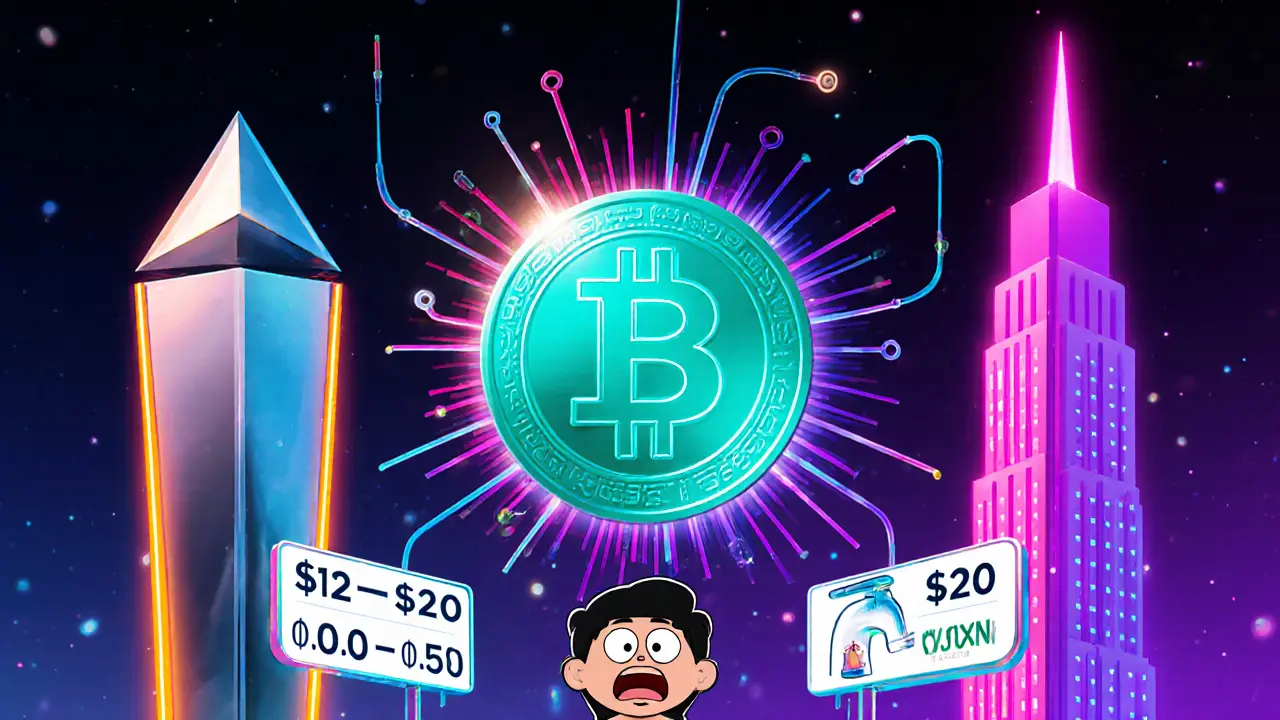 Dual‑chain illustration showing Ethereum and BSC towers linked by a glowing WJXN coin and trader.