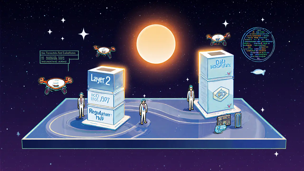 Futuristic roadmap with layered blockchain towers and hovering validator drones.