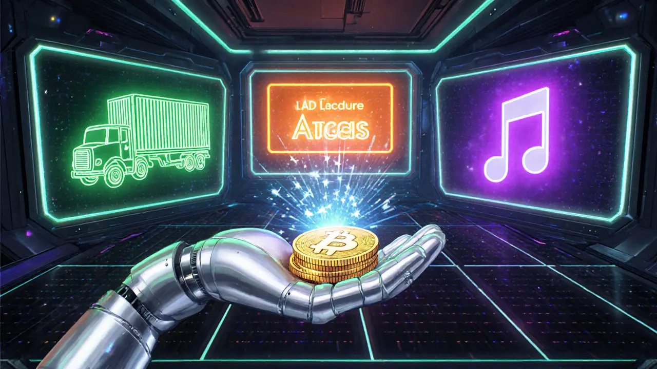 Robot smart contract hands glowing tokens to cargo, ad billboard, and music icons.