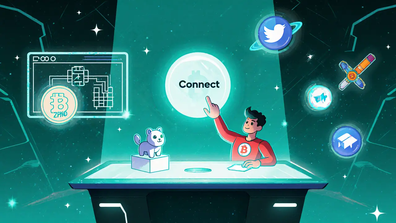 Futuristic workstation showing wallet connection, NFT animal, BNB coin, and staking icons.