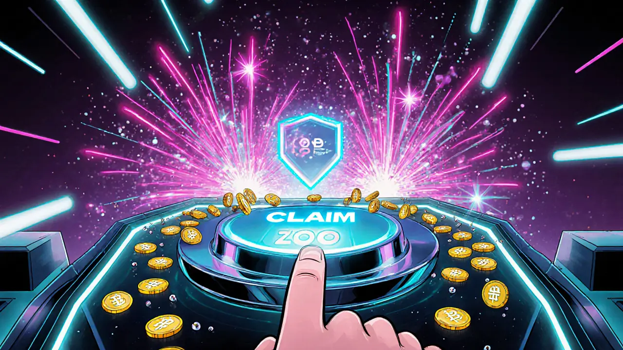 Hero presses a holographic claim button as glowing tokens and fireworks erupt.