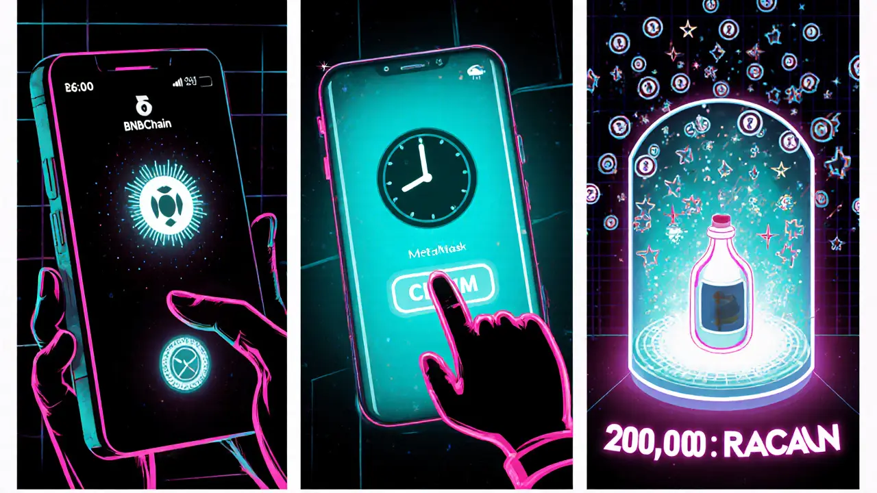 Comic‑style panels showing wallet setup, snapshot clock, claim button, and potion and RACA tokens appearing.
