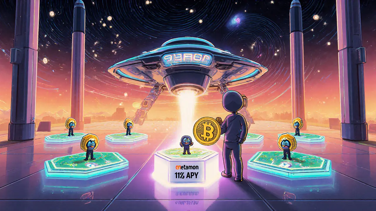 Retro‑futuristic illustration of a character staking RACA tokens and exploring a digital marketplace with floating land parcels.