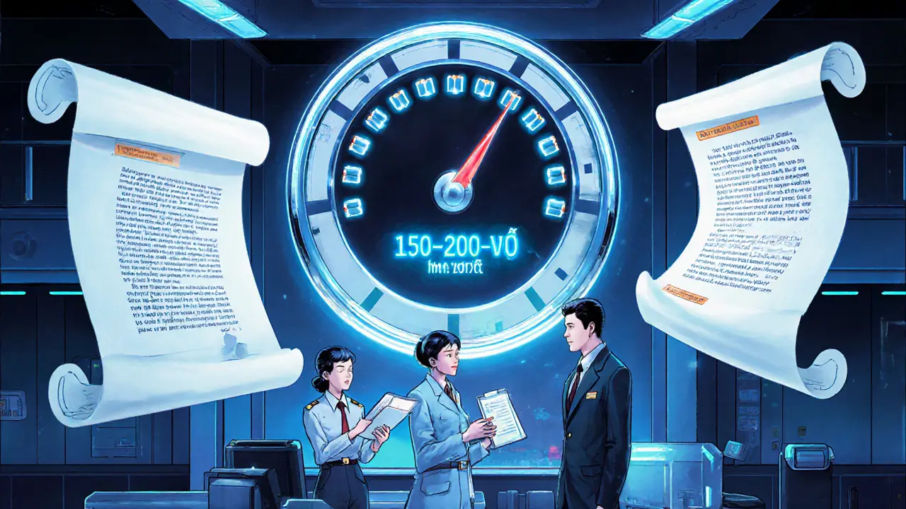 Futuristic regulatory chamber with holographic decrees and a fine meter displaying 150‑200 million VND.