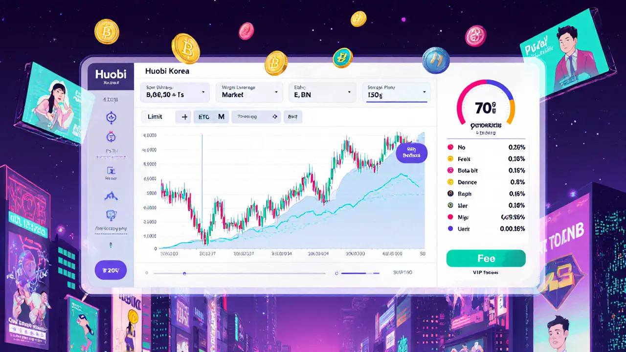 Huobi Korea trading dashboard showing charts, order types, and fee meter.