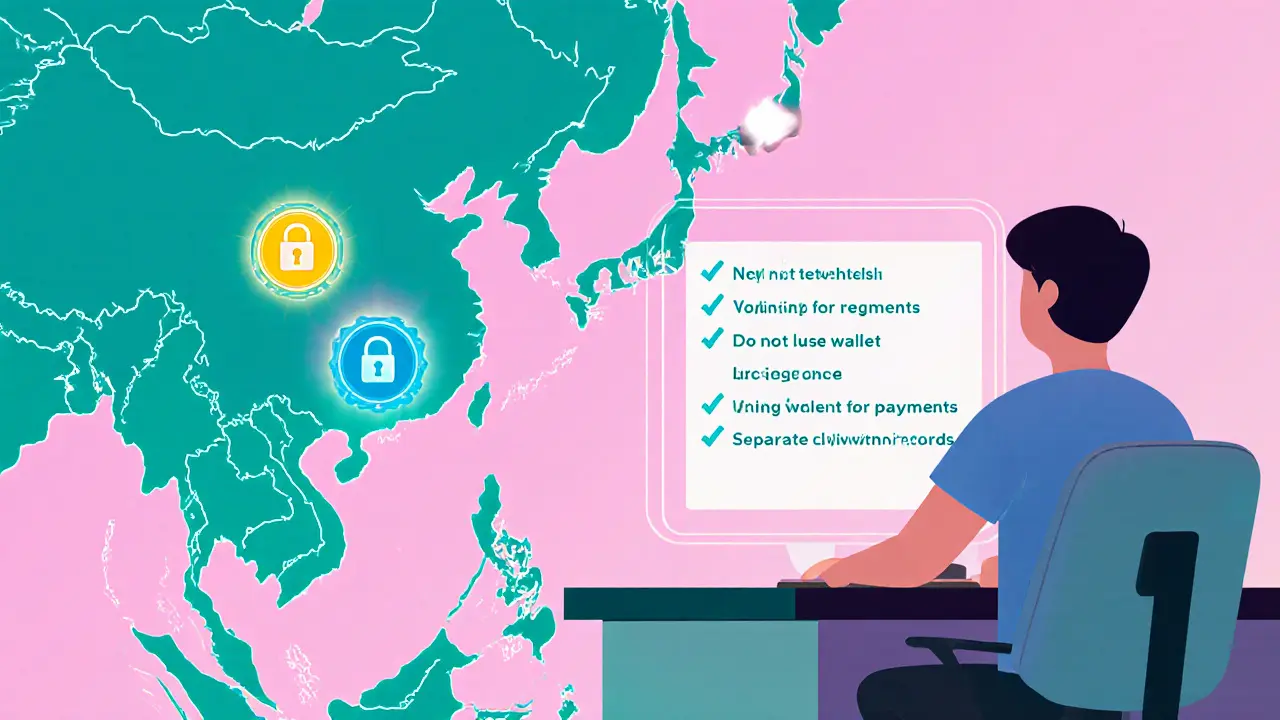 Map of Southeast Asia with icons for crypto rules, and a user checking a holographic compliance list.