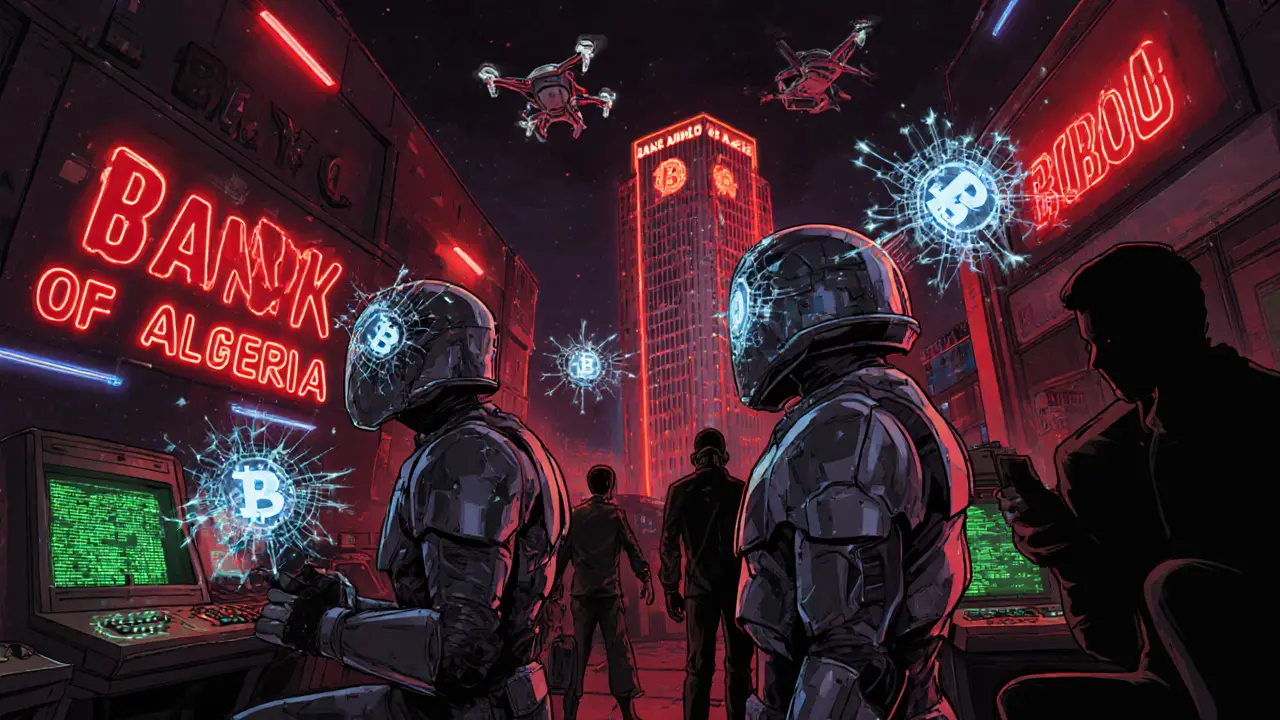 Night raid on an internet café with agents shattering holographic crypto logos.