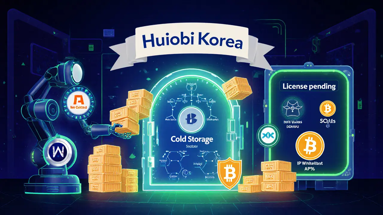 Security vault scene with cold storage, staking icons, and pending license notice.