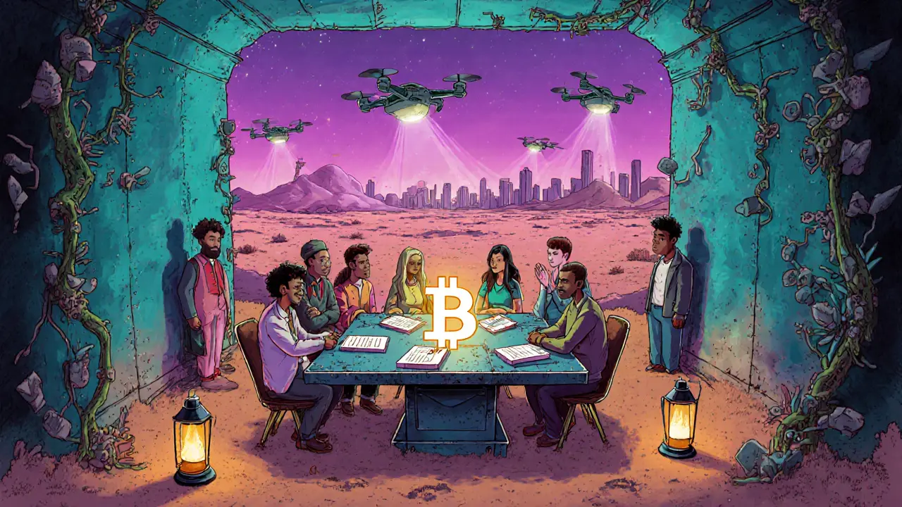 Underground tunnel crypto sanctuary illuminated by neon, with drones overhead.