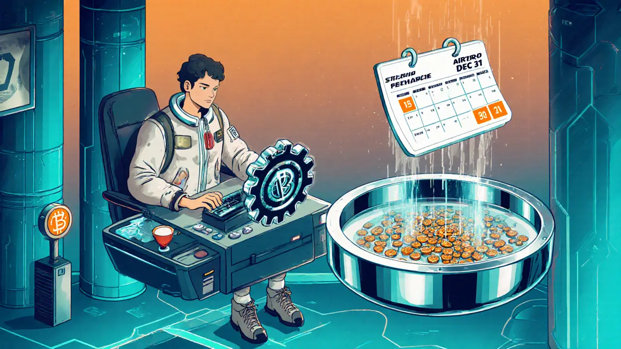 Avatar at a futuristic desk interacting with a blockchain node and a calendar.