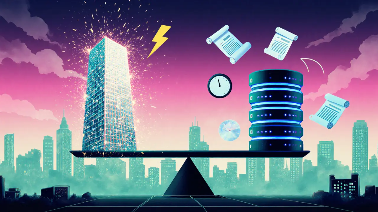 Balance scale comparing a glowing blockchain tower to a traditional server.