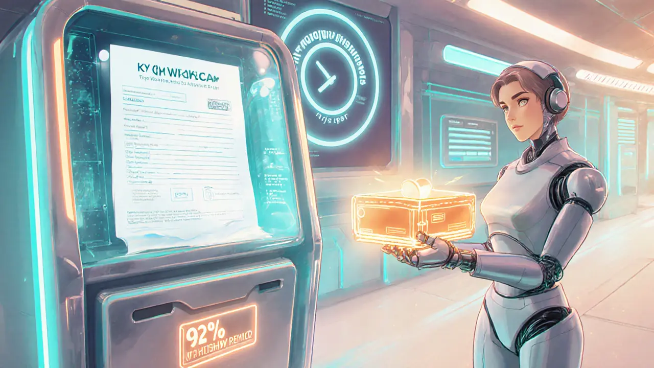 Cartoon liquidation hub with users filling KYC forms, a fee clock, and a hardware wallet symbolizing asset recovery.