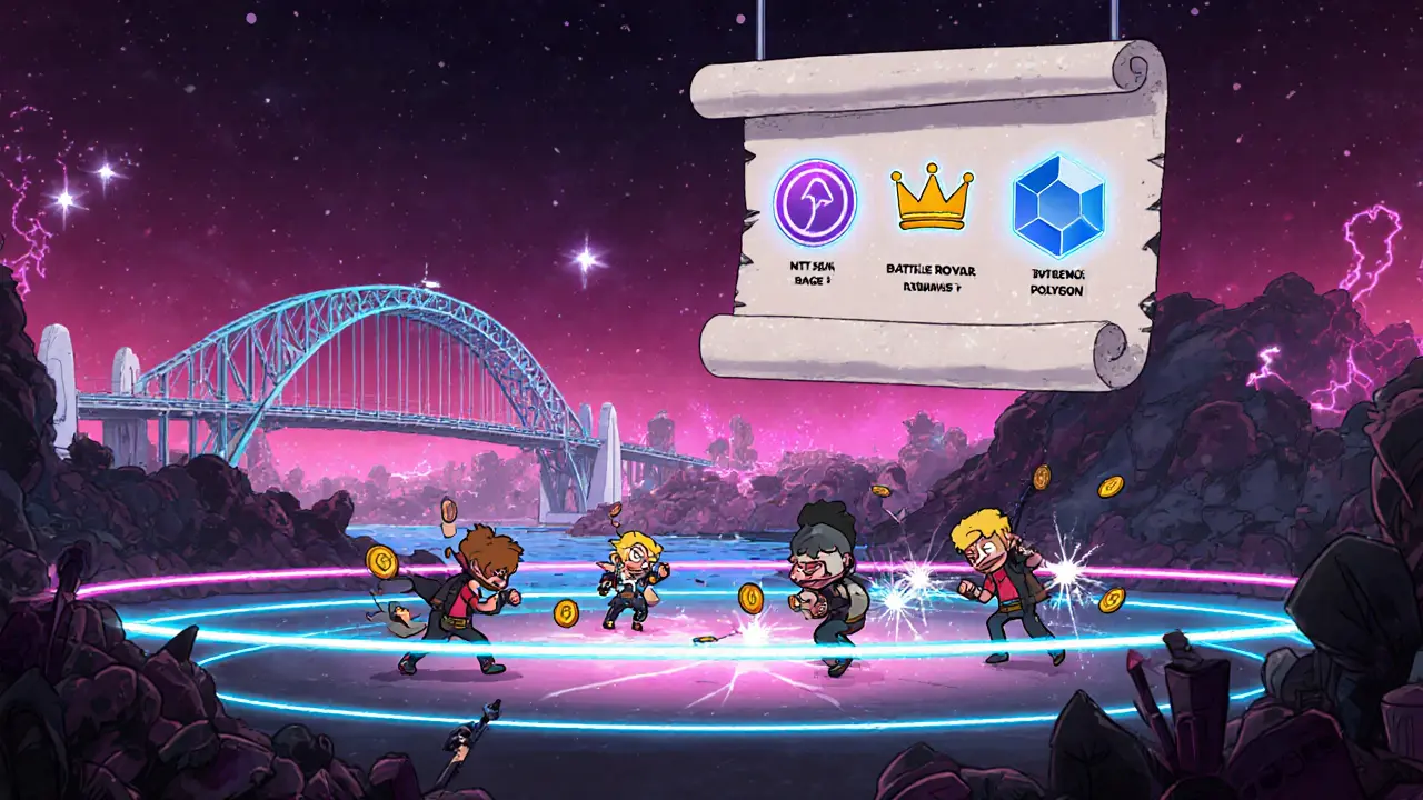 Multiplayer arena where characters earn RVLVR tokens, with a bridge in the background.