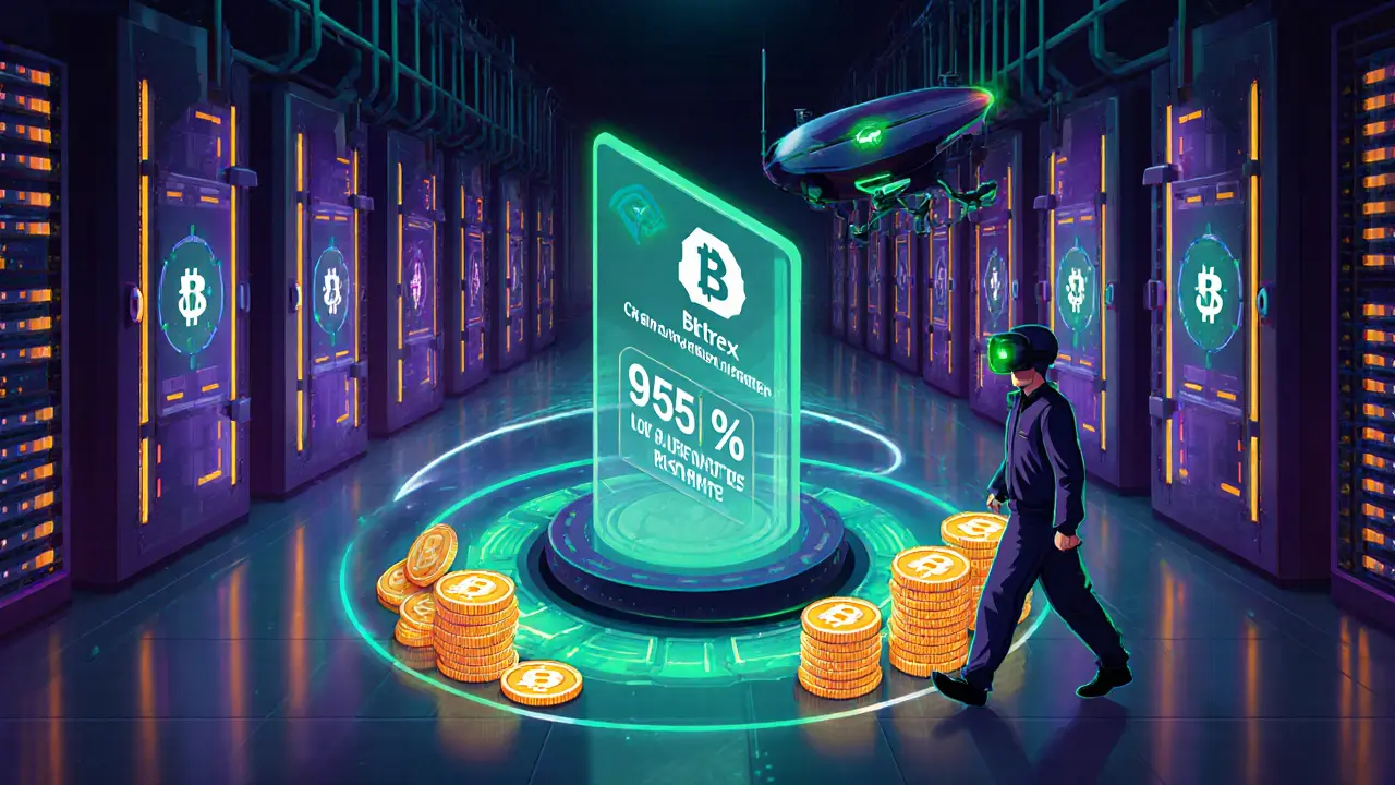 Retro‑futuristic control room showing cold‑storage vaults, biometric scanner, and floating crypto coins for Bittrex security.