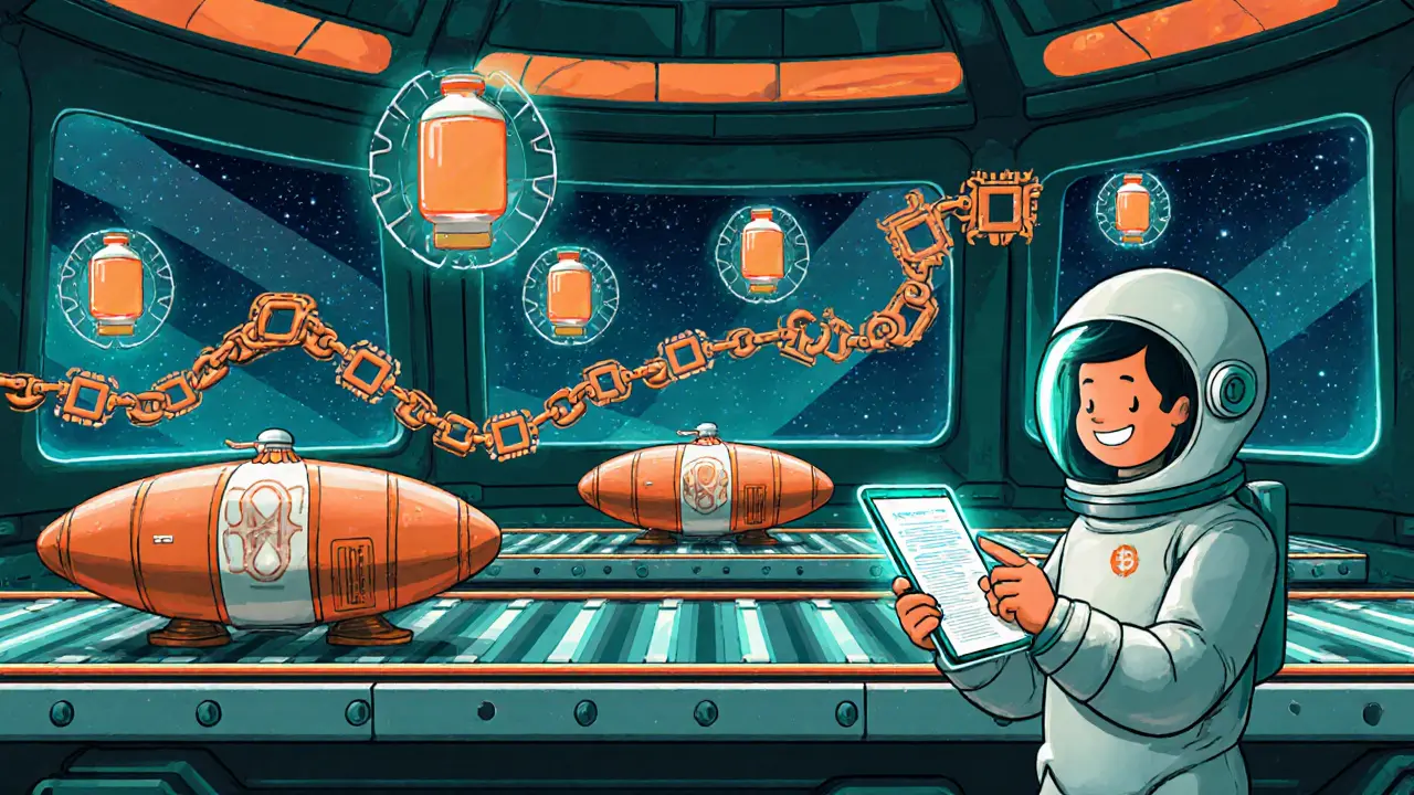 Space station supply‑chain hub showing cargo tracked by holographic ledgers.