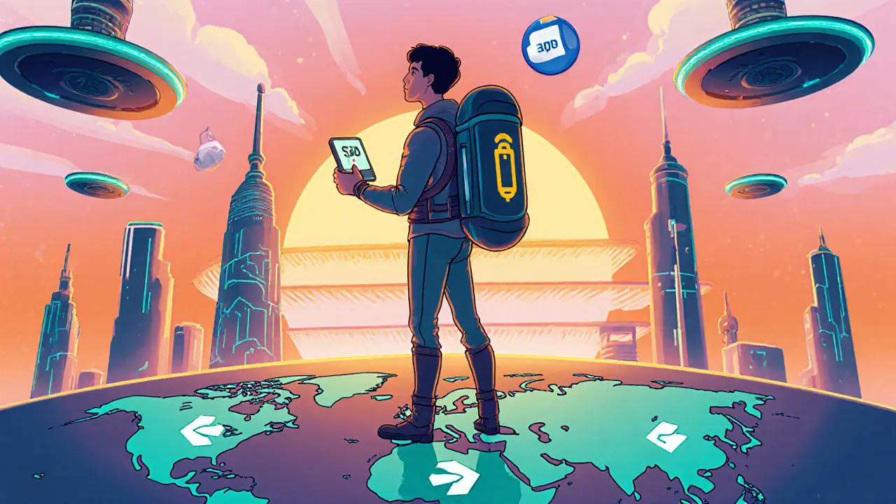 Traveler with a glowing Coinbase Wallet stands on a map, surrounded by future‑city elements.