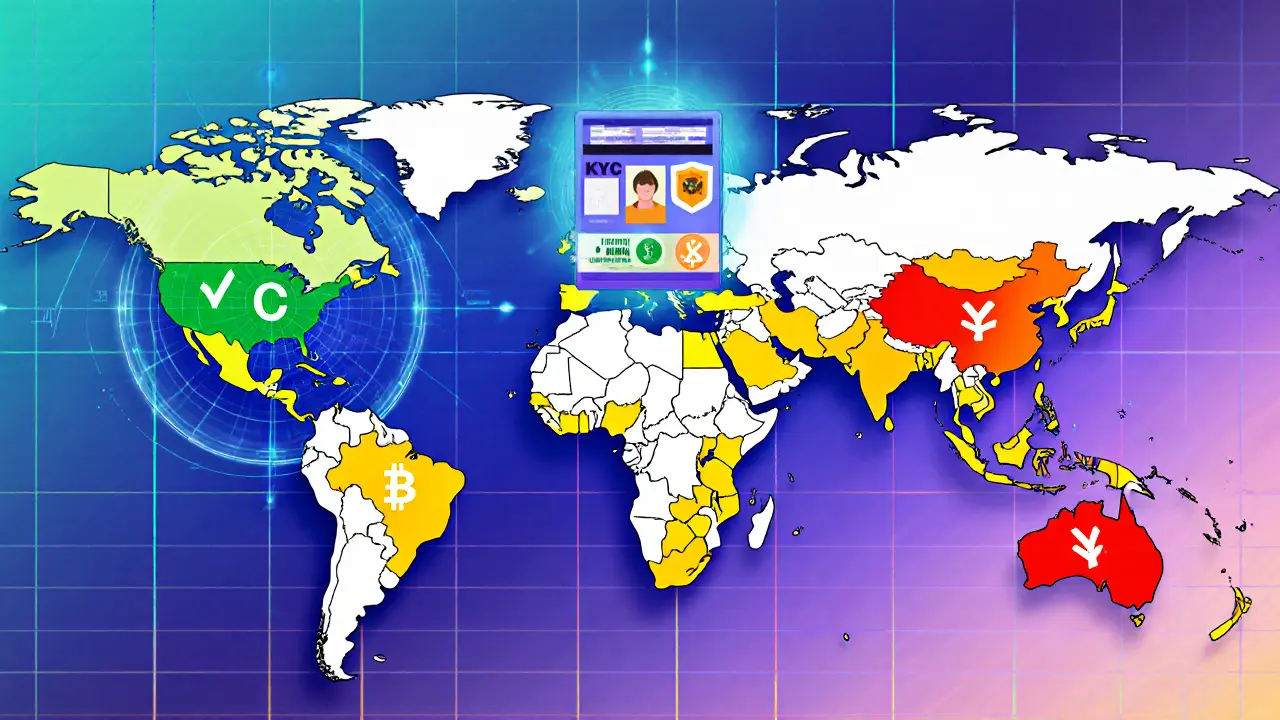 World map shows green, yellow, and red zones for Coinbase access with KYC and regulator icons.