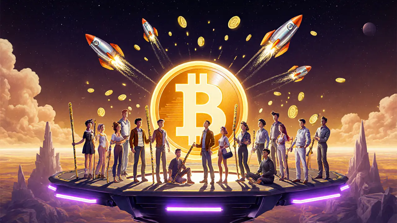 Cartoon of diverse avatars staking CMP tokens beside glowing rendering nodes under a futuristic skyline.