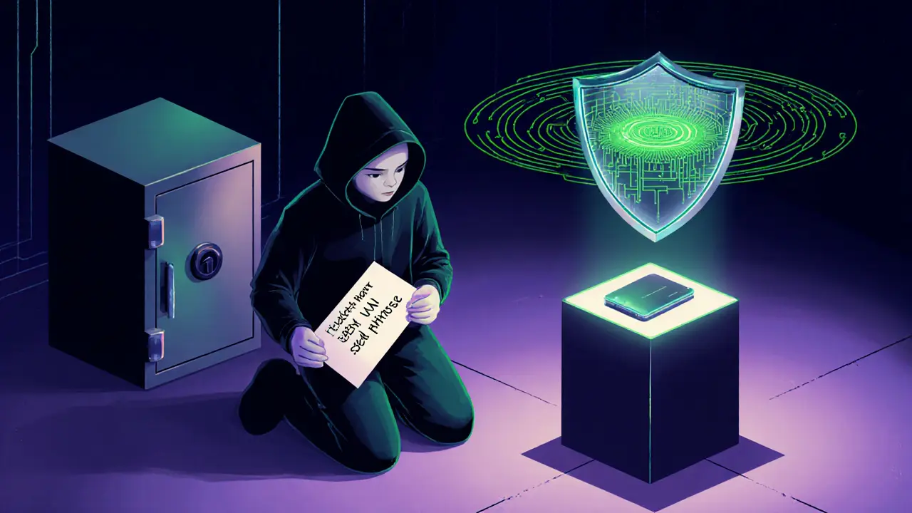 Figure storing seed phrase and hardware wallet under a protective digital shield.