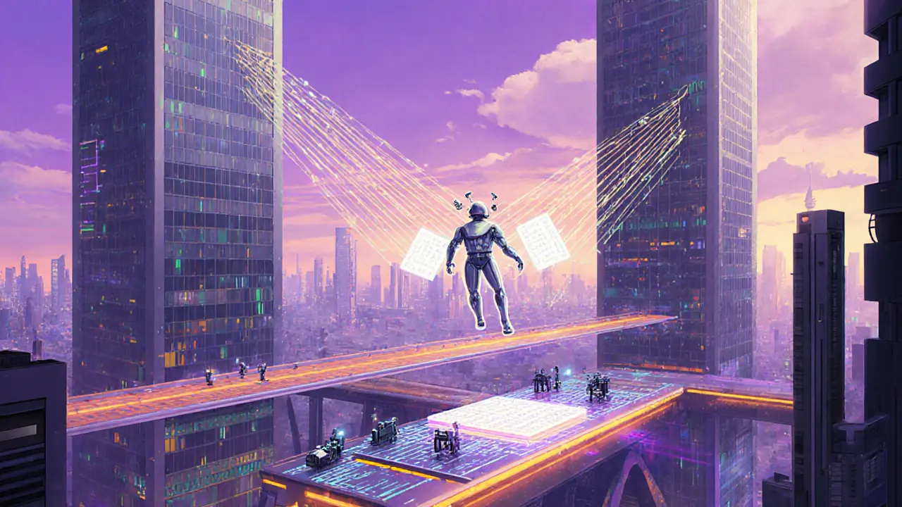 Hybrid bridge with oracle courier and validators exchanging light‑filled data streams.