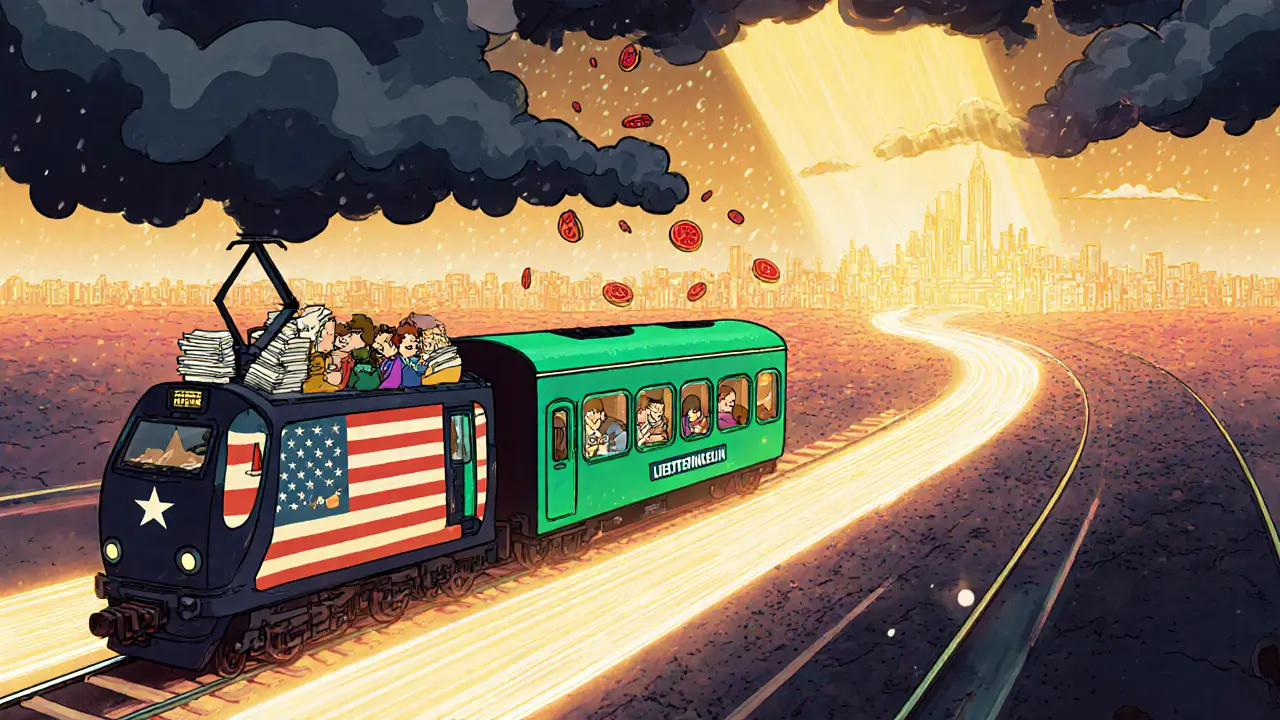 Neon train carries compliance‑laden travelers toward bright crypto‑friendly hubs, escaping looming Basel clouds.