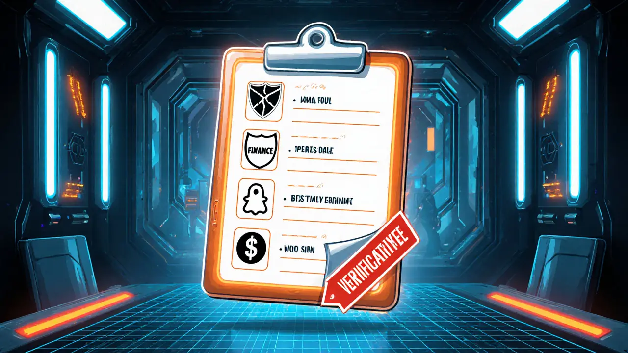 Retro‑futuristic checklist highlighting red‑flag icons for a dubious exchange.