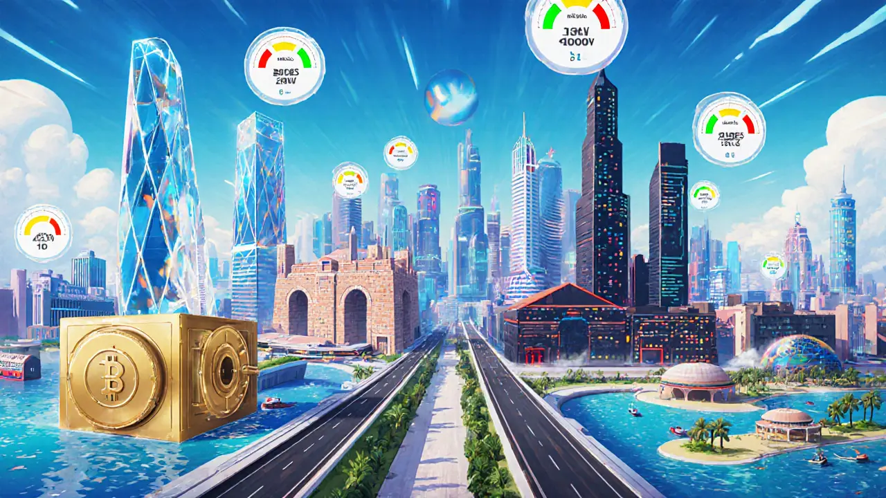 Retro‑futuristic cityscape shows eight country districts with glowing indicators of crypto banking success.