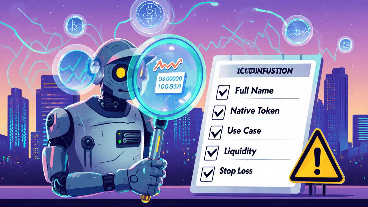 Robot detective checking contract addresses and a risk checklist with stop‑loss lever in a retro‑futuristic setting.