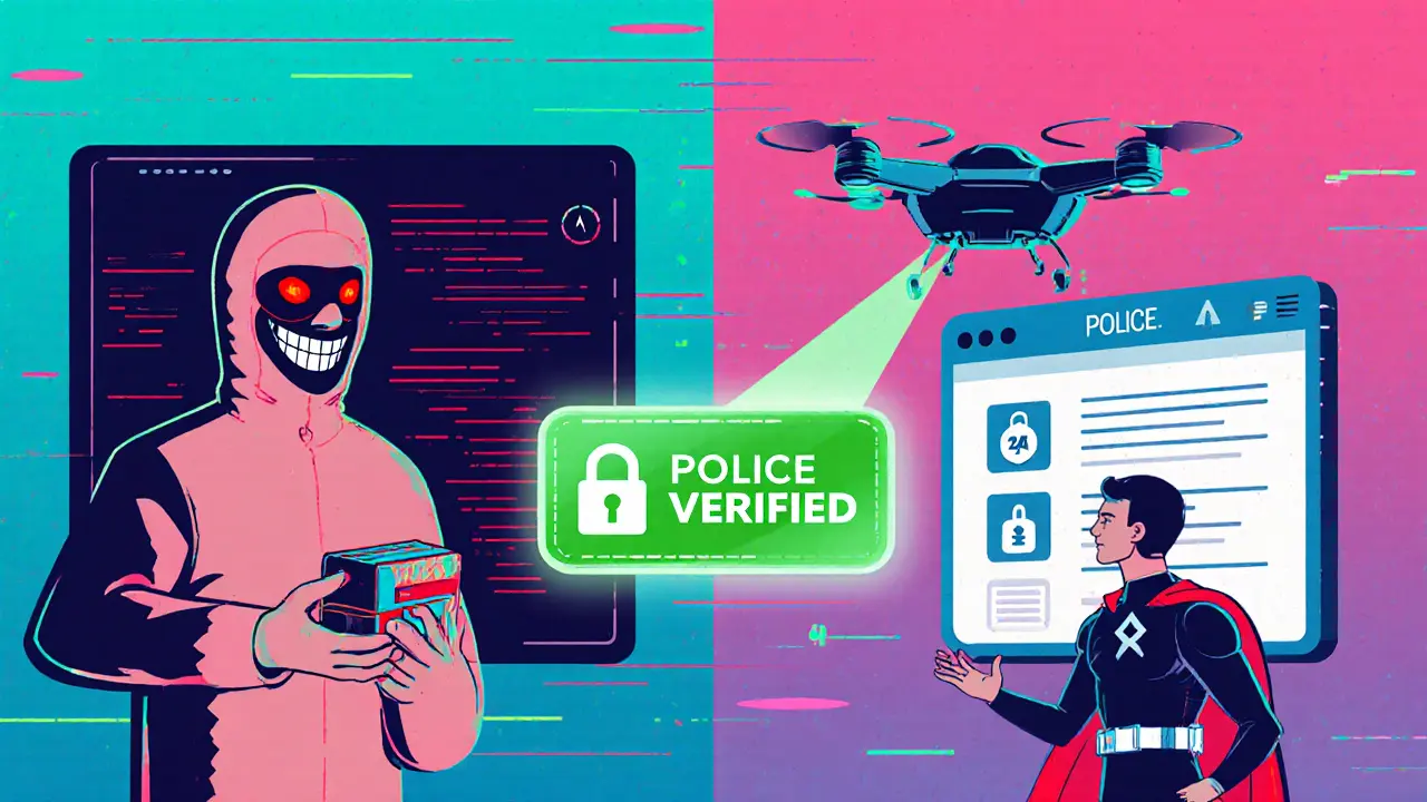 Split scene of a scam victim versus a protected user using hardware wallet and 2FA.