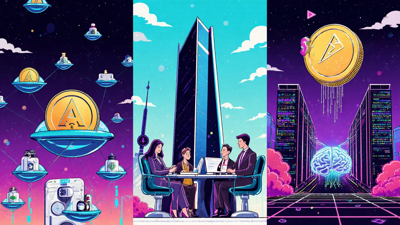 Split scene showing Arc Token validators, Circle&#039;s corporate stablecoin tower, and AI Rig GPU rigs with ARC coins.