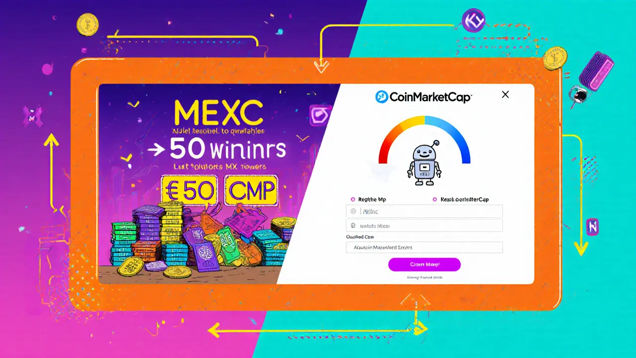 Split‑screen cartoon of MEXC lottery tickets and CoinMarketCap claim steps with wallets and KYC forms.