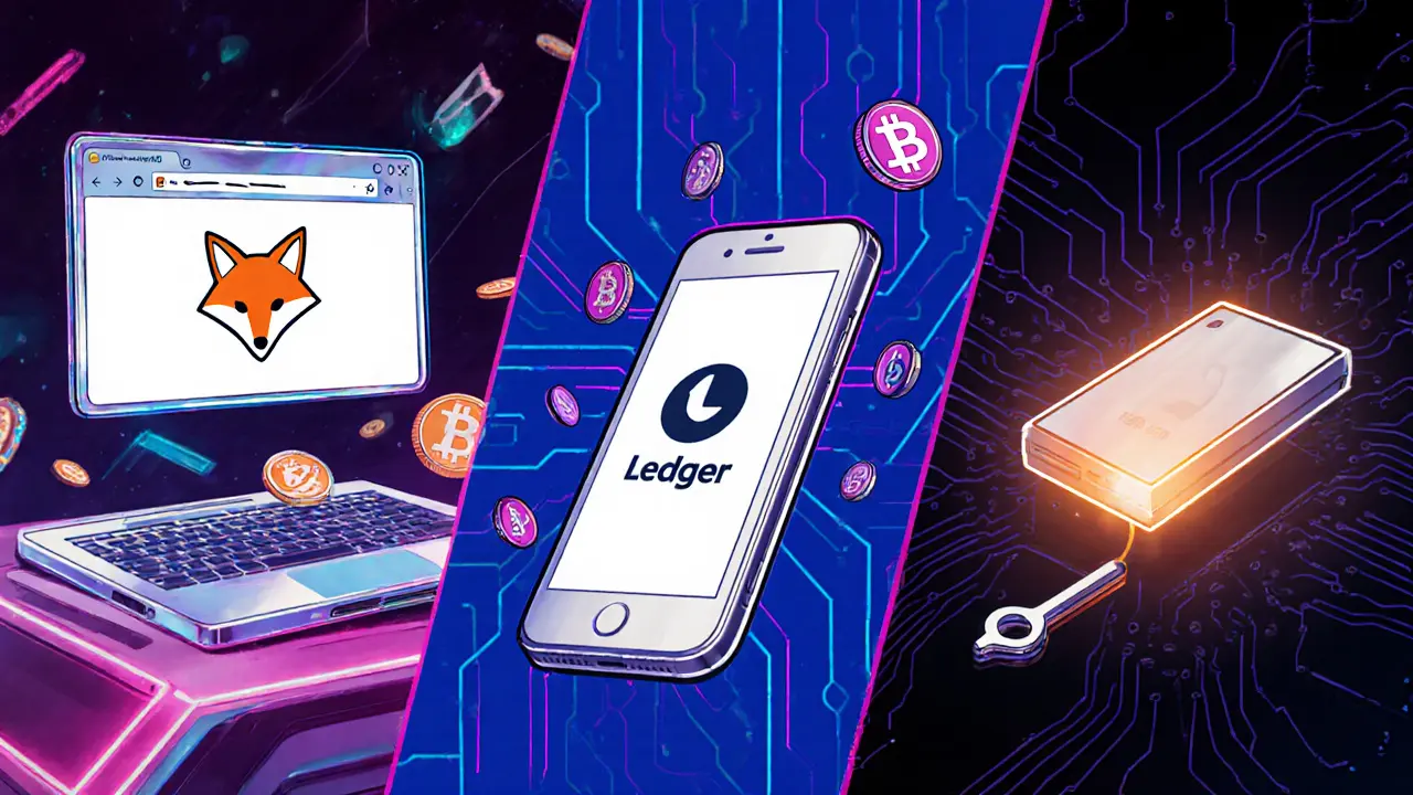 Three wallet types displayed: browser extension, mobile app, hardware device.